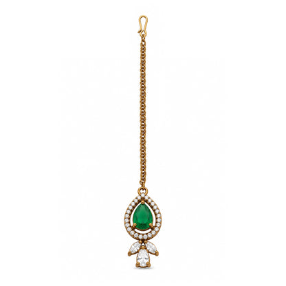 Antique Gold Plated Green AD Maang Tikka for Women
