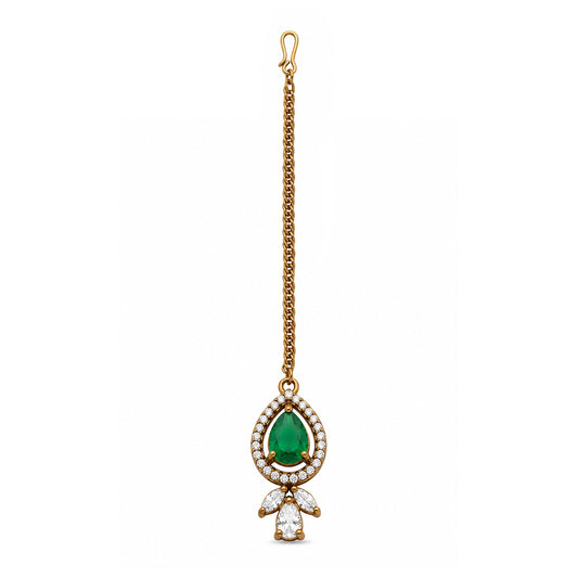 Antique Gold Plated Green AD Maang Tikka for Women