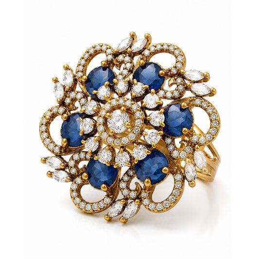 Antique Gold Plated Blue AD Finger Ring for Women