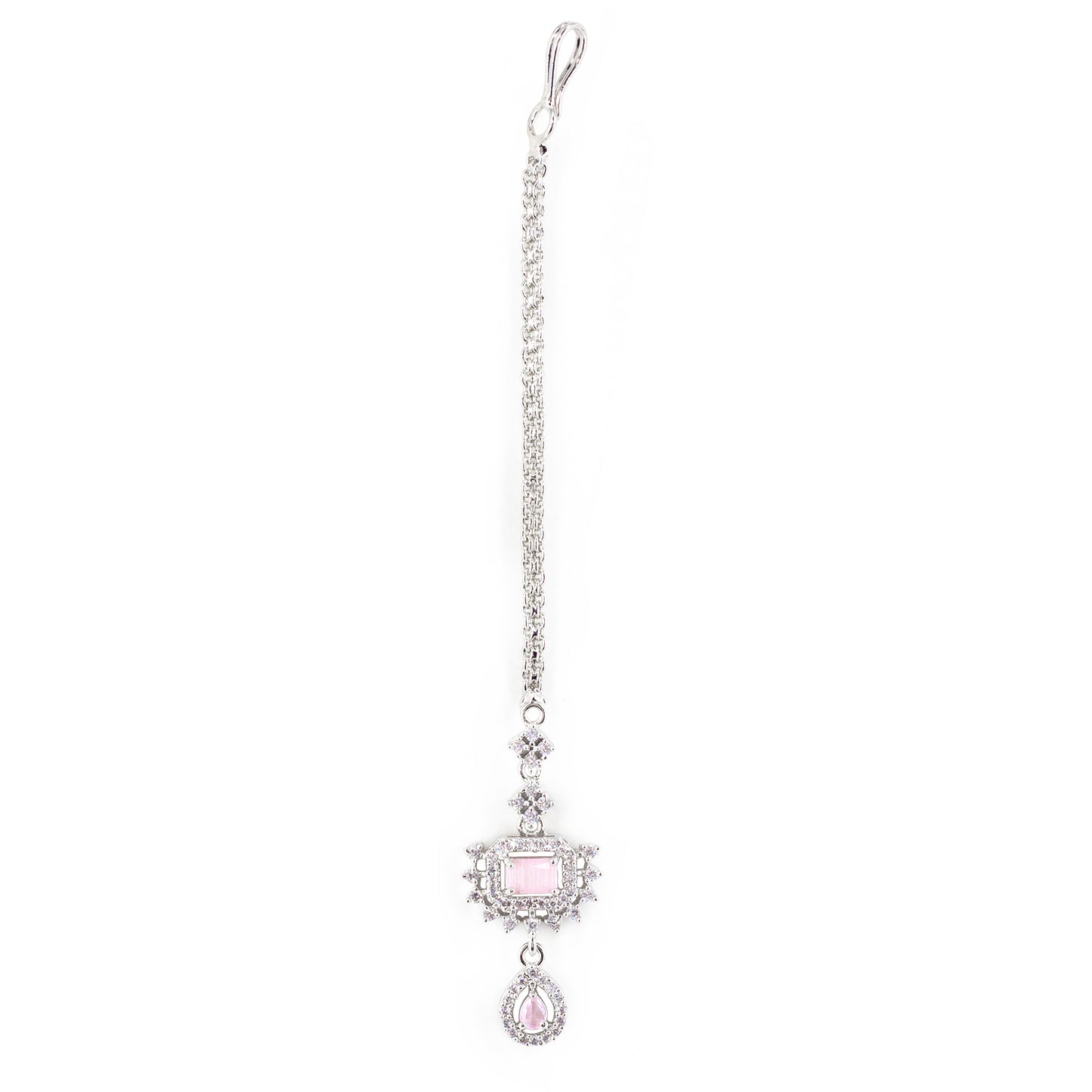 Silver Plated Pink AD Maang Tikka for Women