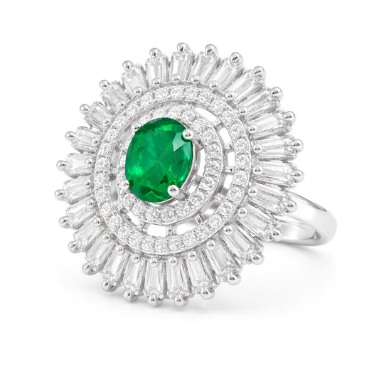 Silver Plated Green AD Round Ring for Women