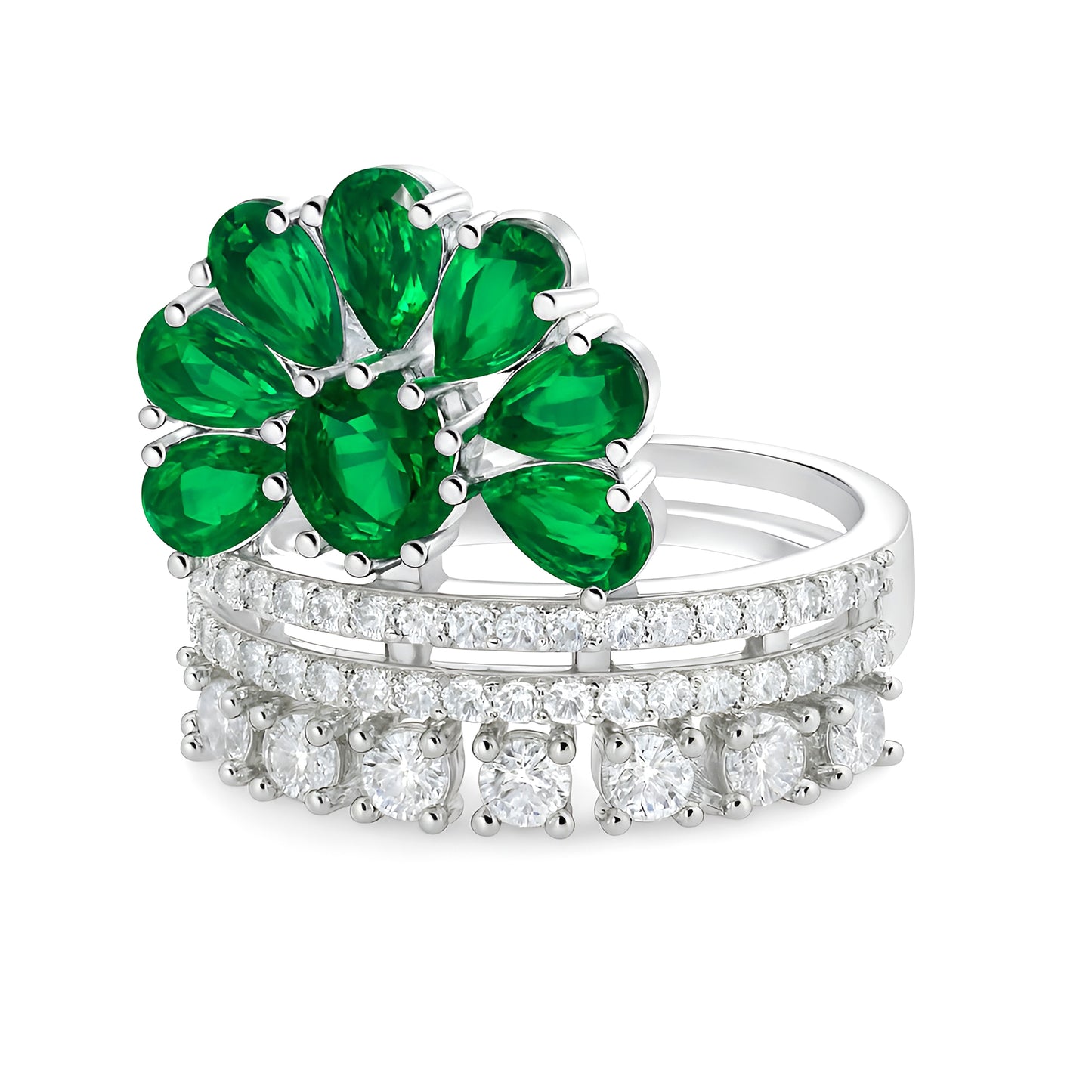 Silver Plated Green AD Floral Ring