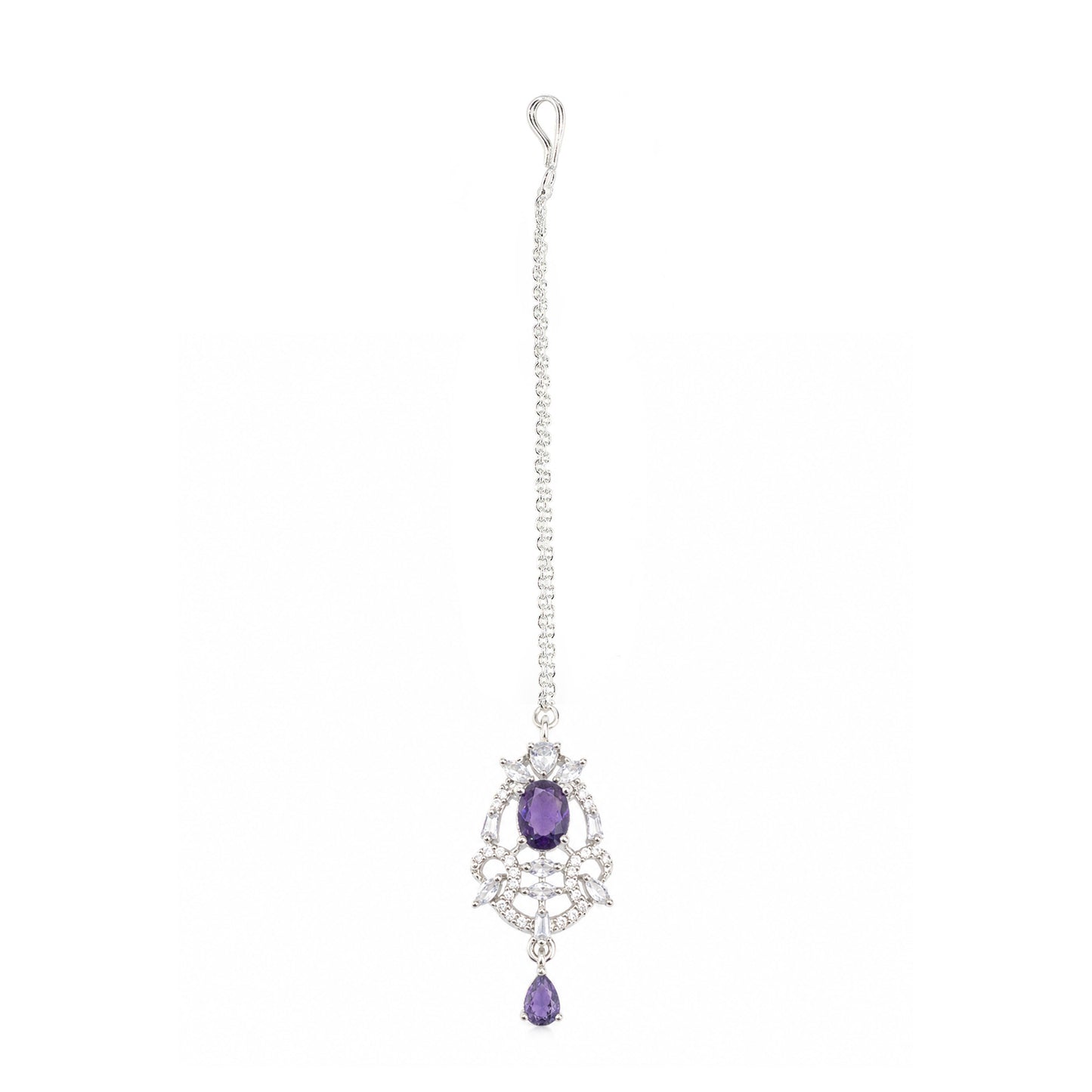 Silver Plated Purple AD Maang Tikka for Women