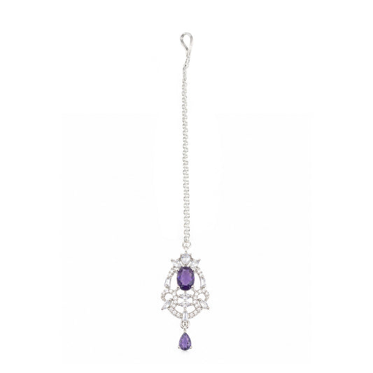 Silver Plated Purple AD Maang Tikka for Women
