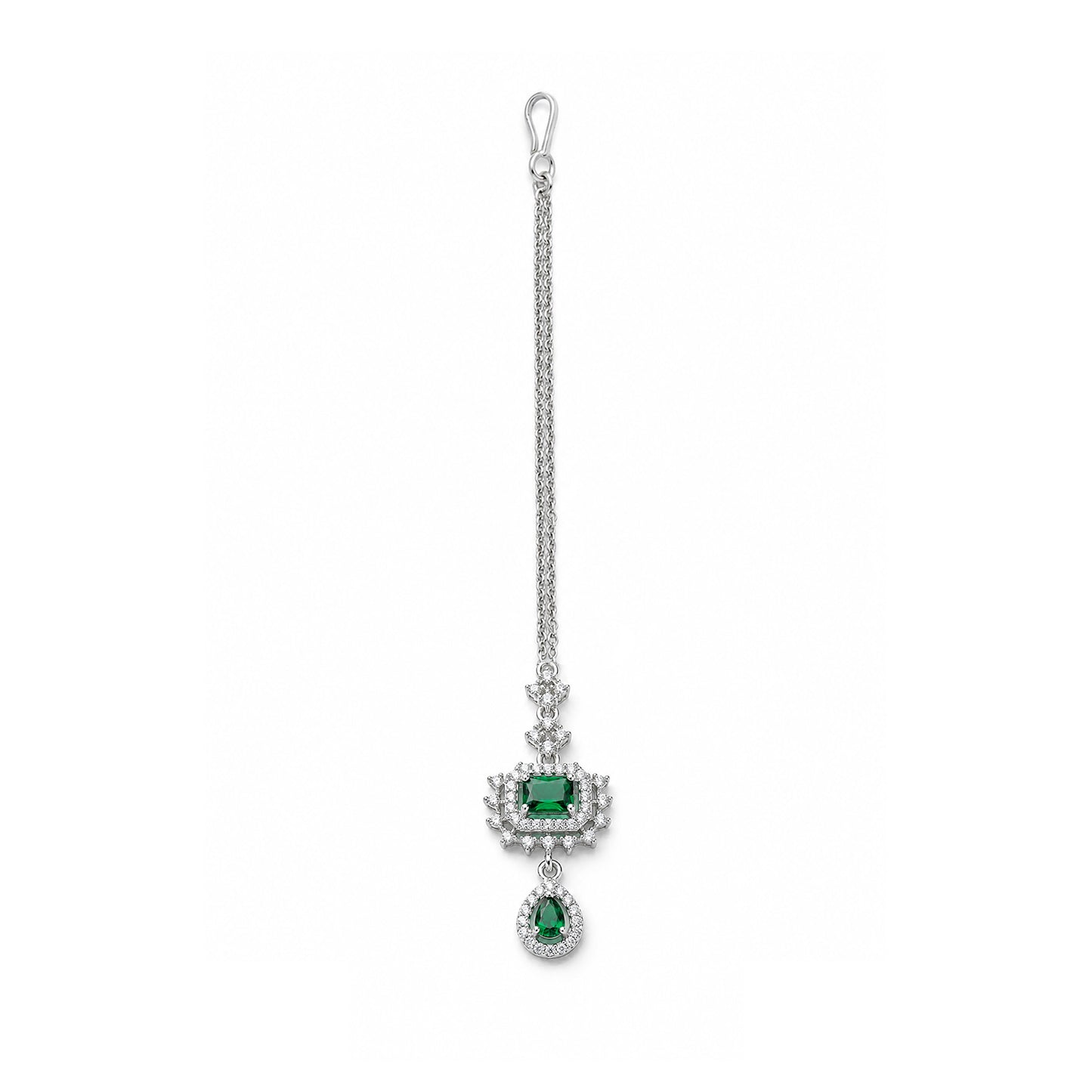 Silver Plated Green AD Maang Tikka for Women