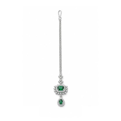 Silver Plated Green AD Maang Tikka for Women