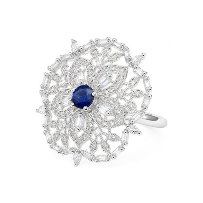 Silver Plated Blue AD Floral Ring for Women