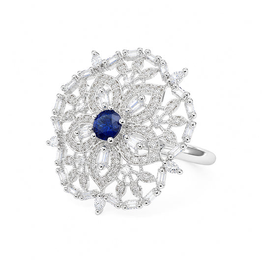 Silver Plated Blue AD Floral Ring for Women