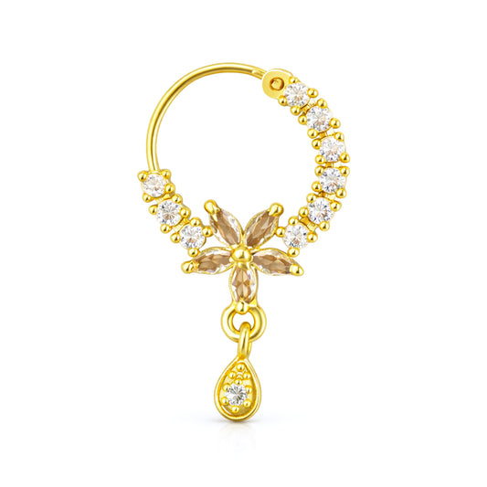 Gold Plated AD Floral Drop Nose Ring for Women