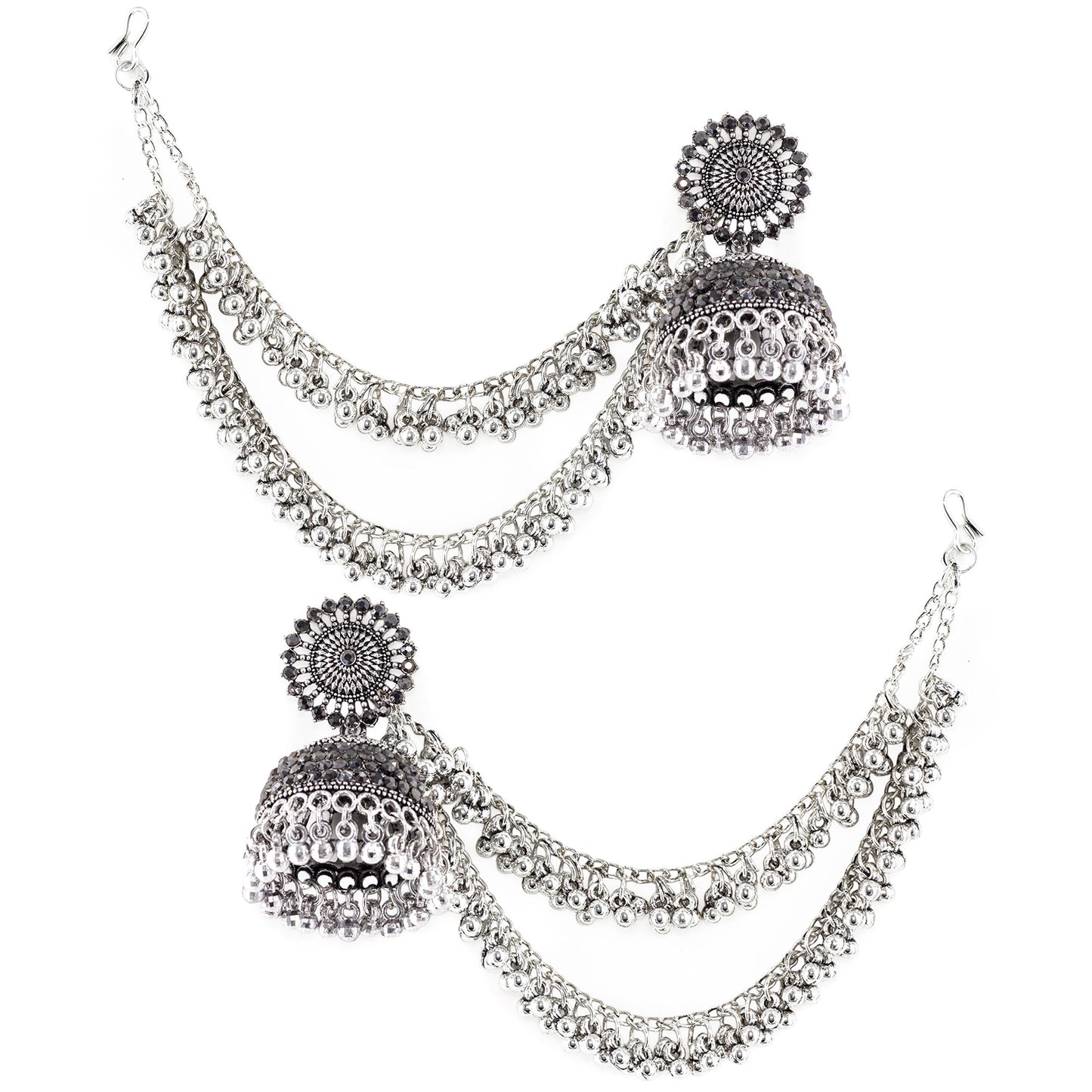 Silver Oxidised Jhumka Earring with Double Layred Chain for Women