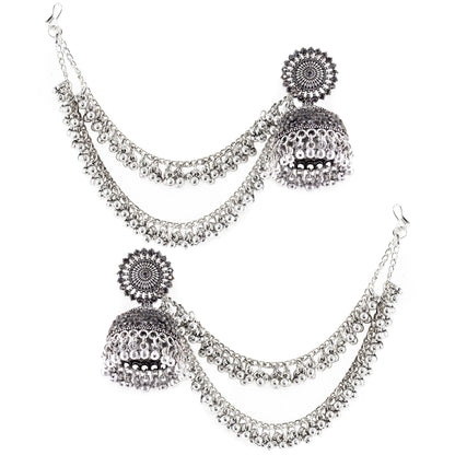 Silver Oxidised Jhumka Earring with Double Layred Chain for Women