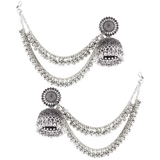 Silver Oxidised Jhumka Earring with Double Layred Chain for Women