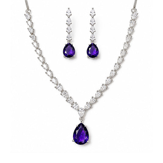 Rhodium Plated Purple American Diamond Drop Jewellery Set