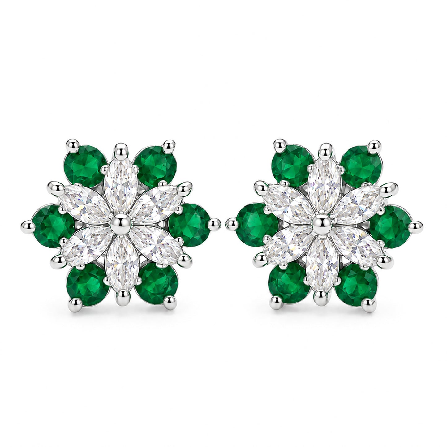 Rhodium Plated Green AD Floral Stud Earrings for Women