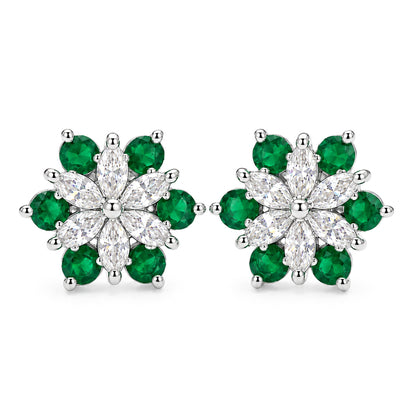 Rhodium Plated Green AD Floral Stud Earrings for Women
