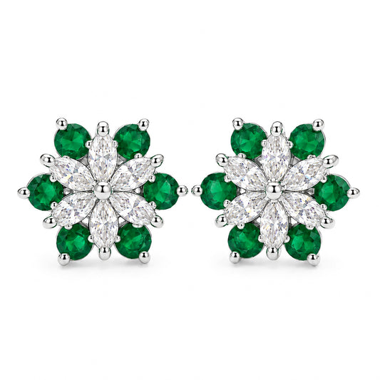 Rhodium Plated Green AD Floral Stud Earrings for Women
