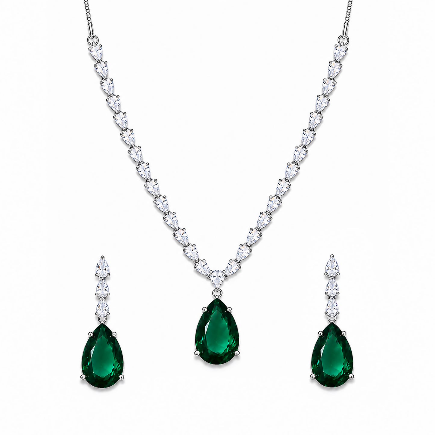 Silver Plated Green Teardrop AD Jewellery Set for Women