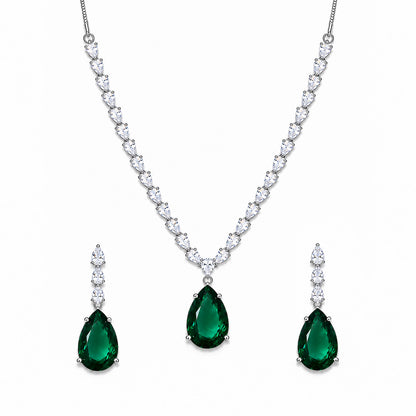 Silver Plated Green Teardrop AD Jewellery Set for Women