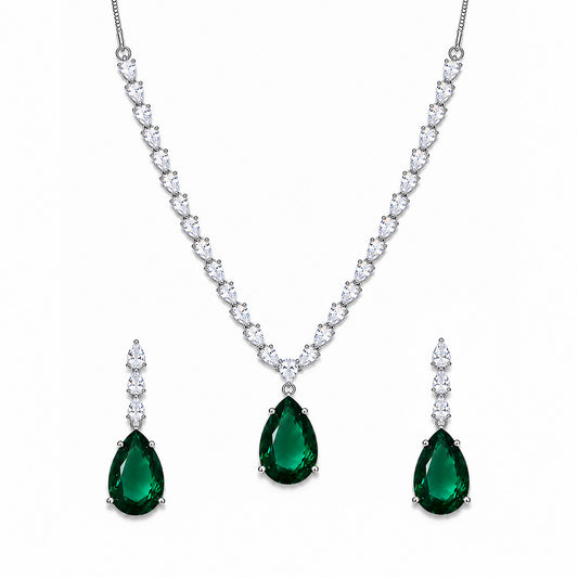 Silver Plated Green Teardrop AD Jewellery Set for Women