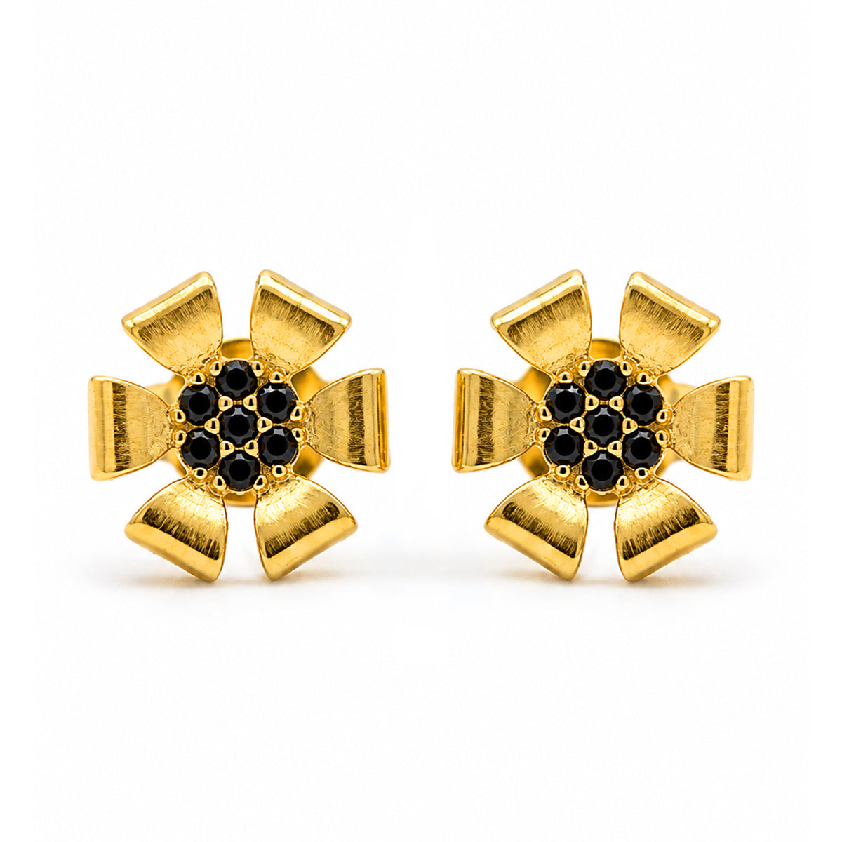 Gold Plated Black AD Floral Stud Earrings for Women