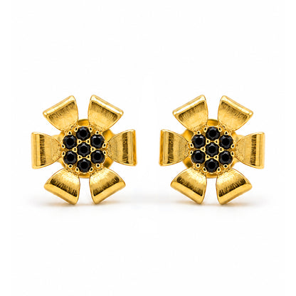 Gold Plated Black AD Floral Stud Earrings for Women