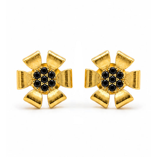 Gold Plated Black AD Floral Stud Earrings for Women
