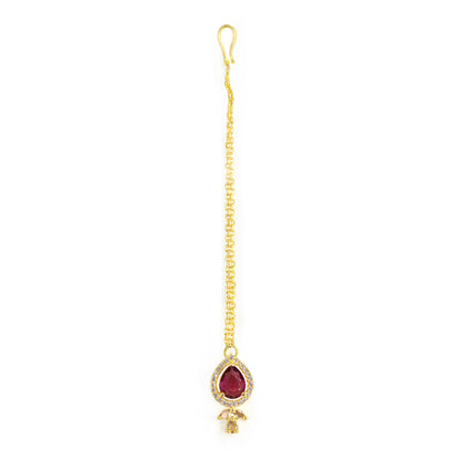 Gold Plated Red American Diamond Maang Tikka for Women