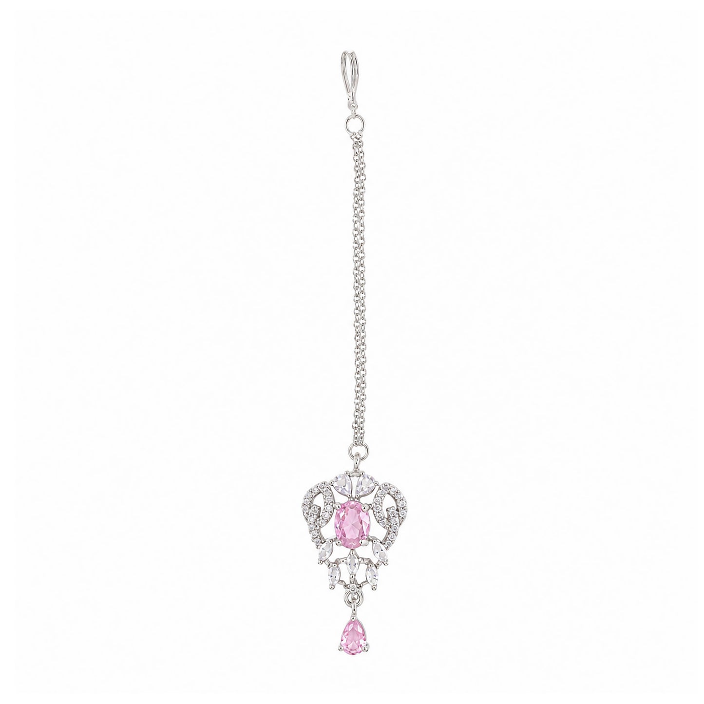 Silver Plated Pink AD Maang Tikka for Women
