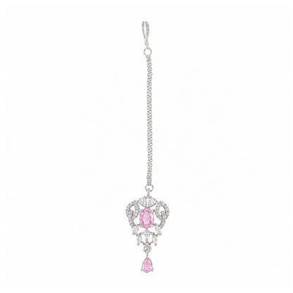 Silver Plated Pink AD Maang Tikka for Women