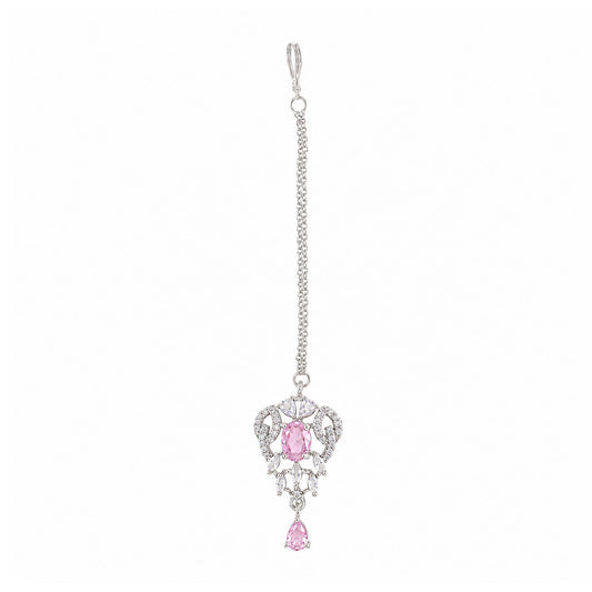 Silver Plated Pink AD Maang Tikka for Women