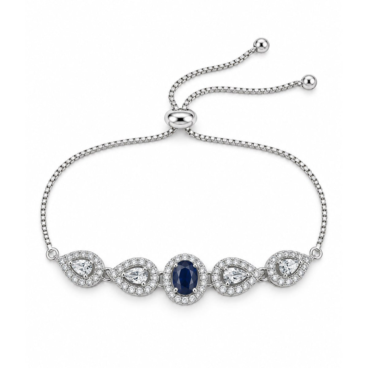 Rhodium Plated Blue AD Adjustable Bracelet for Women