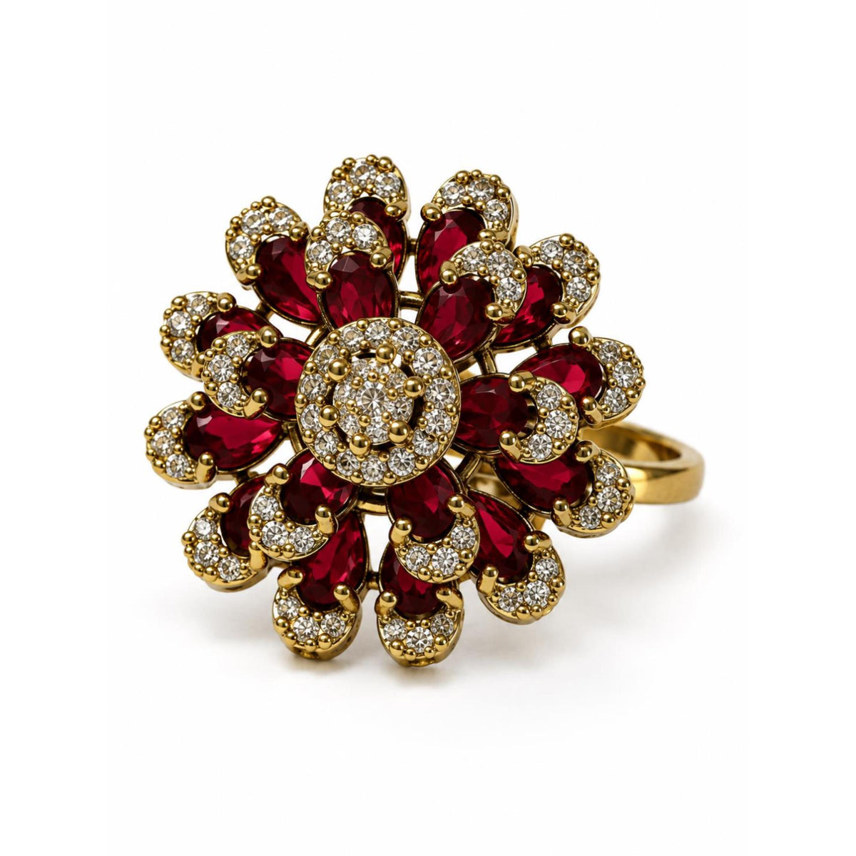 Antique Gold Plated Red AD Floral Finger Ring for Women