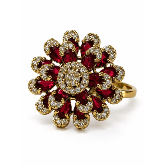 Antique Gold Plated Red AD Floral Finger Ring for Women