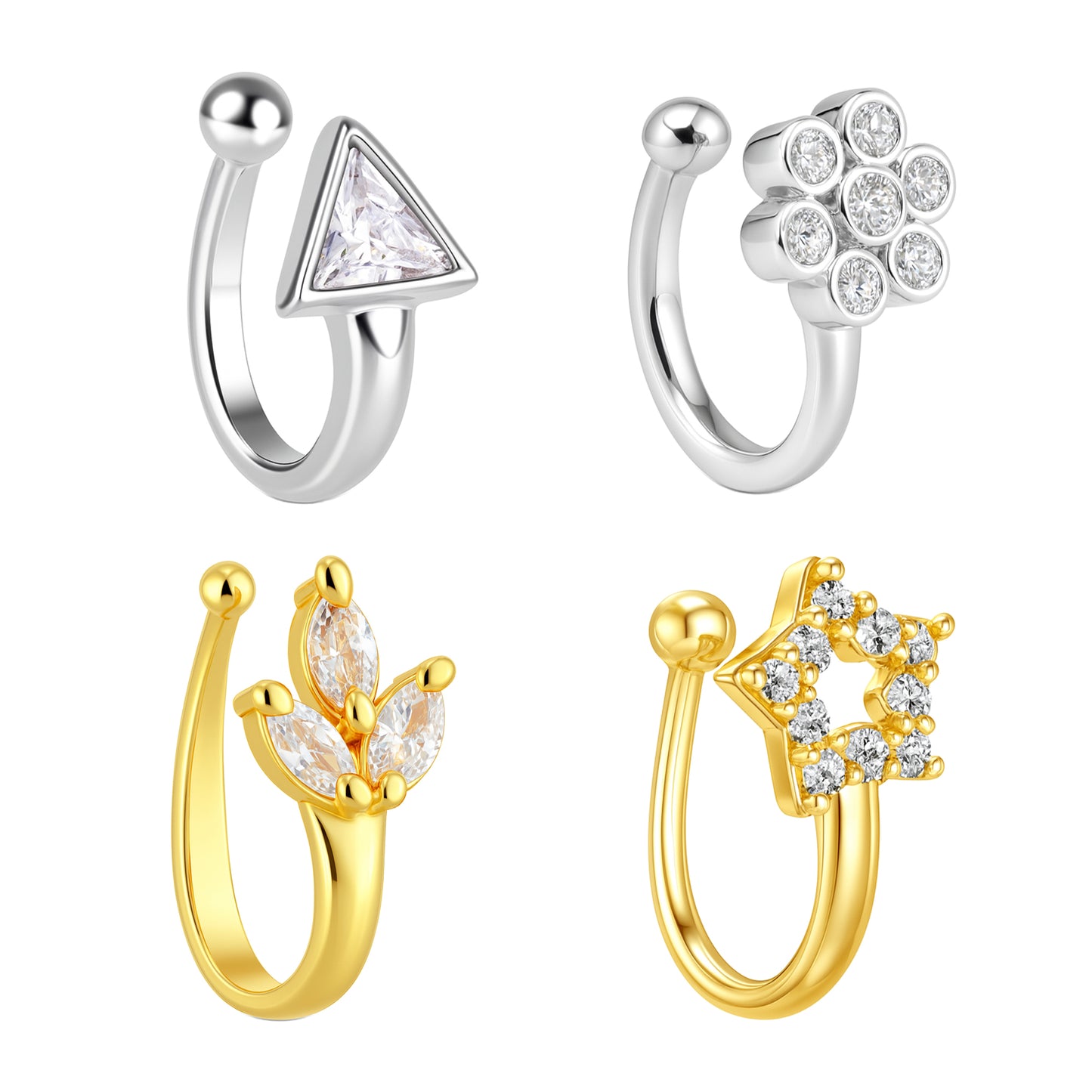 Set of 4 Silver & Gold Plated White AD Press On Nose Pins for women