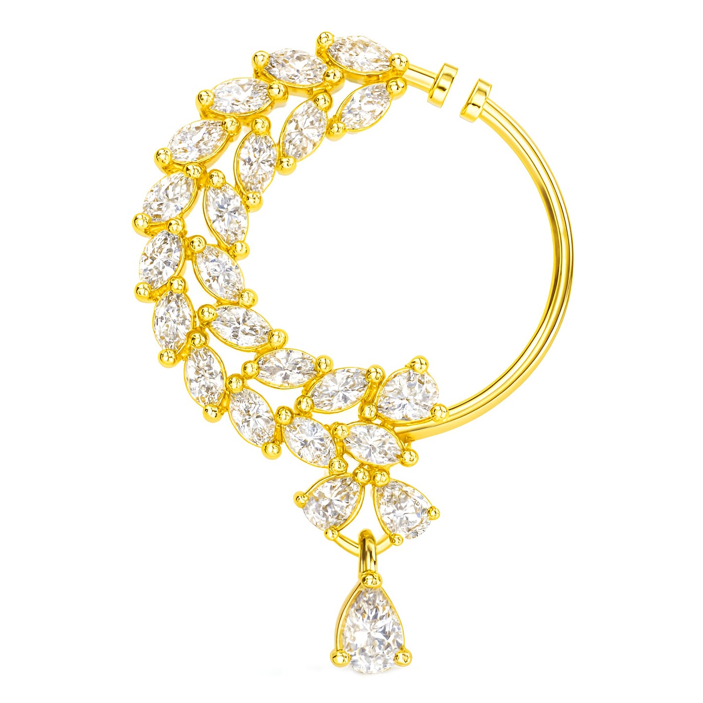 Gold Plated White AD Bridal Non-piercing Drop Nose Ring for Women