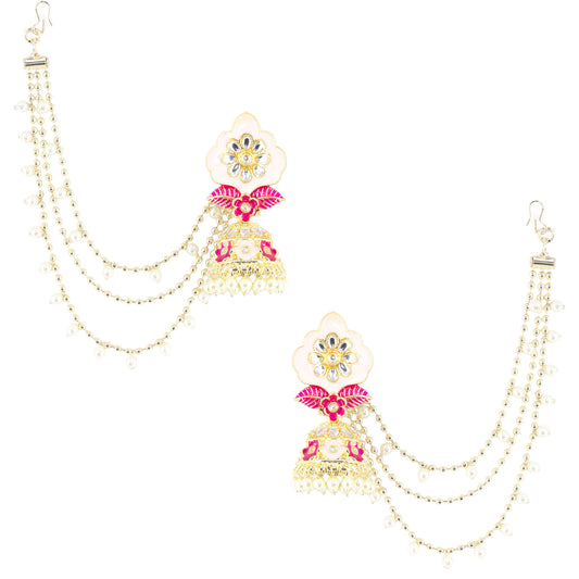 Gold Plated Meenakari Kundan Floral Design Jhumka Earrings with ear Chain for Women