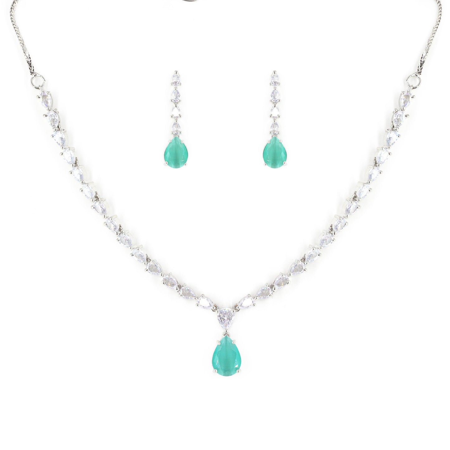 Silver Plated Mint Green AD Jewellery Set for Women