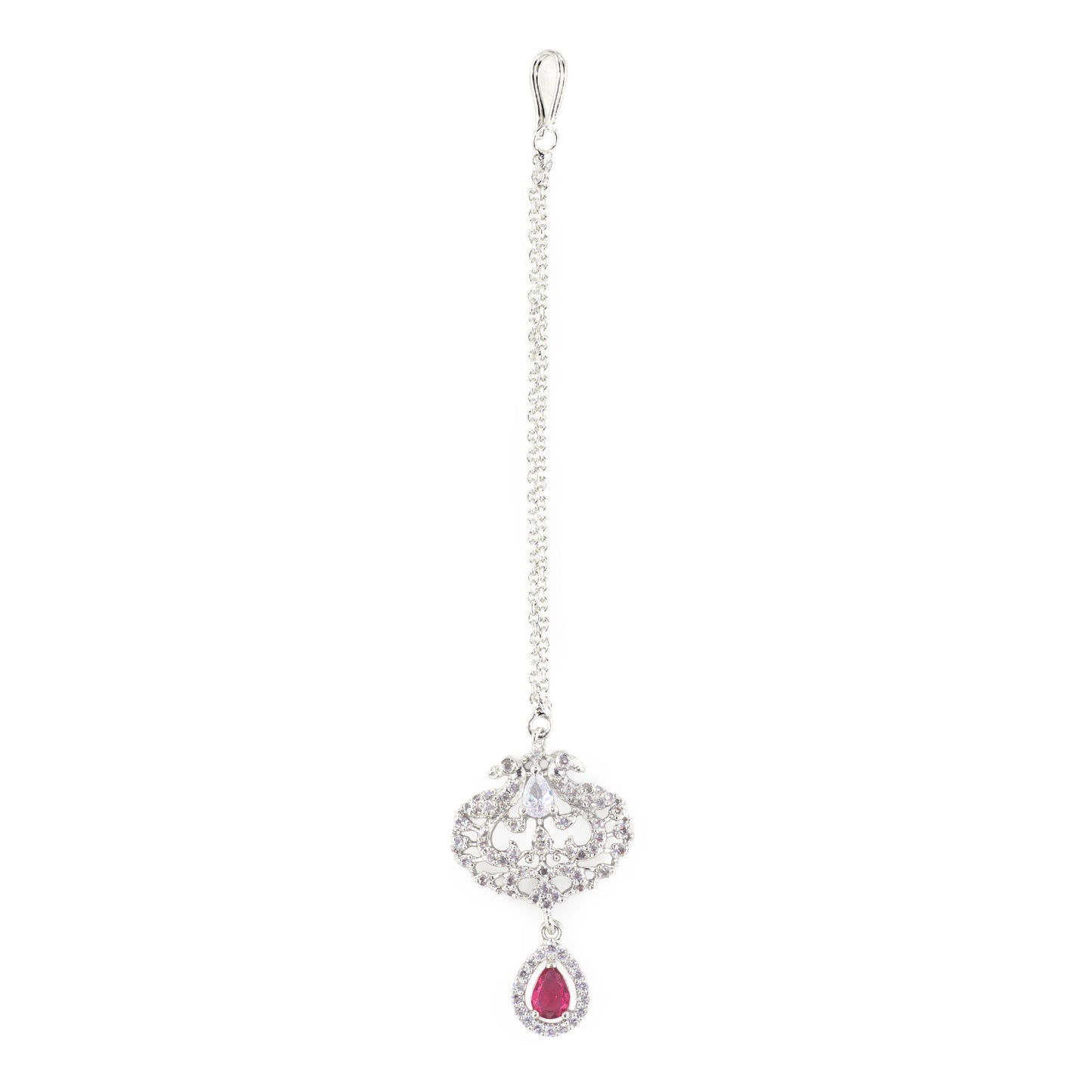 Silver Plated Red Peacock Maang Tikka for Women