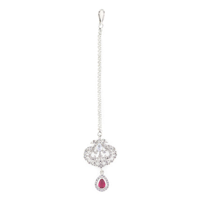 Silver Plated Red Peacock Maang Tikka for Women
