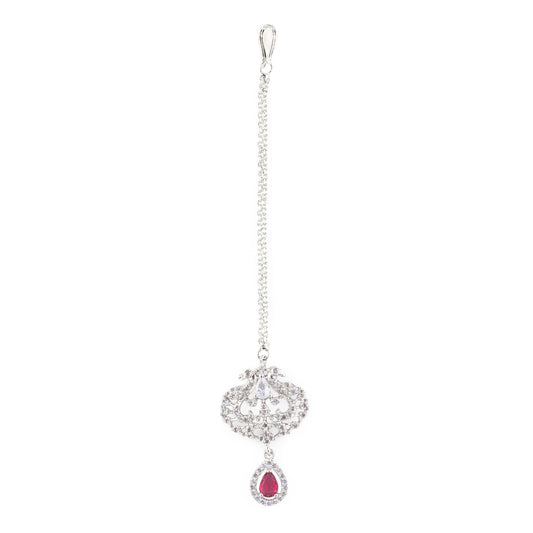 Silver Plated Red Peacock Maang Tikka for Women