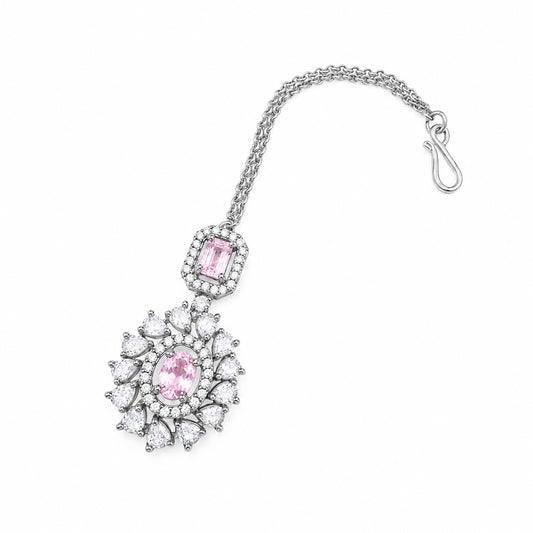 Silver Plated Pink AD Maang Tikka for Women