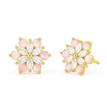 Gold Plated Pink AD Floral Stud Earrings for Women