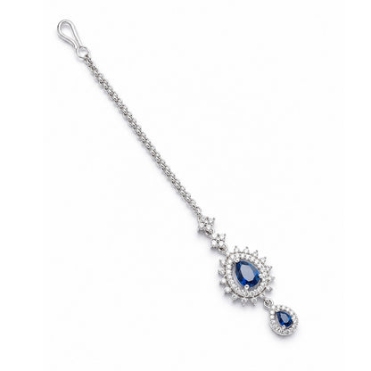 Silver Plated Blue AD Maang Tikka for Women