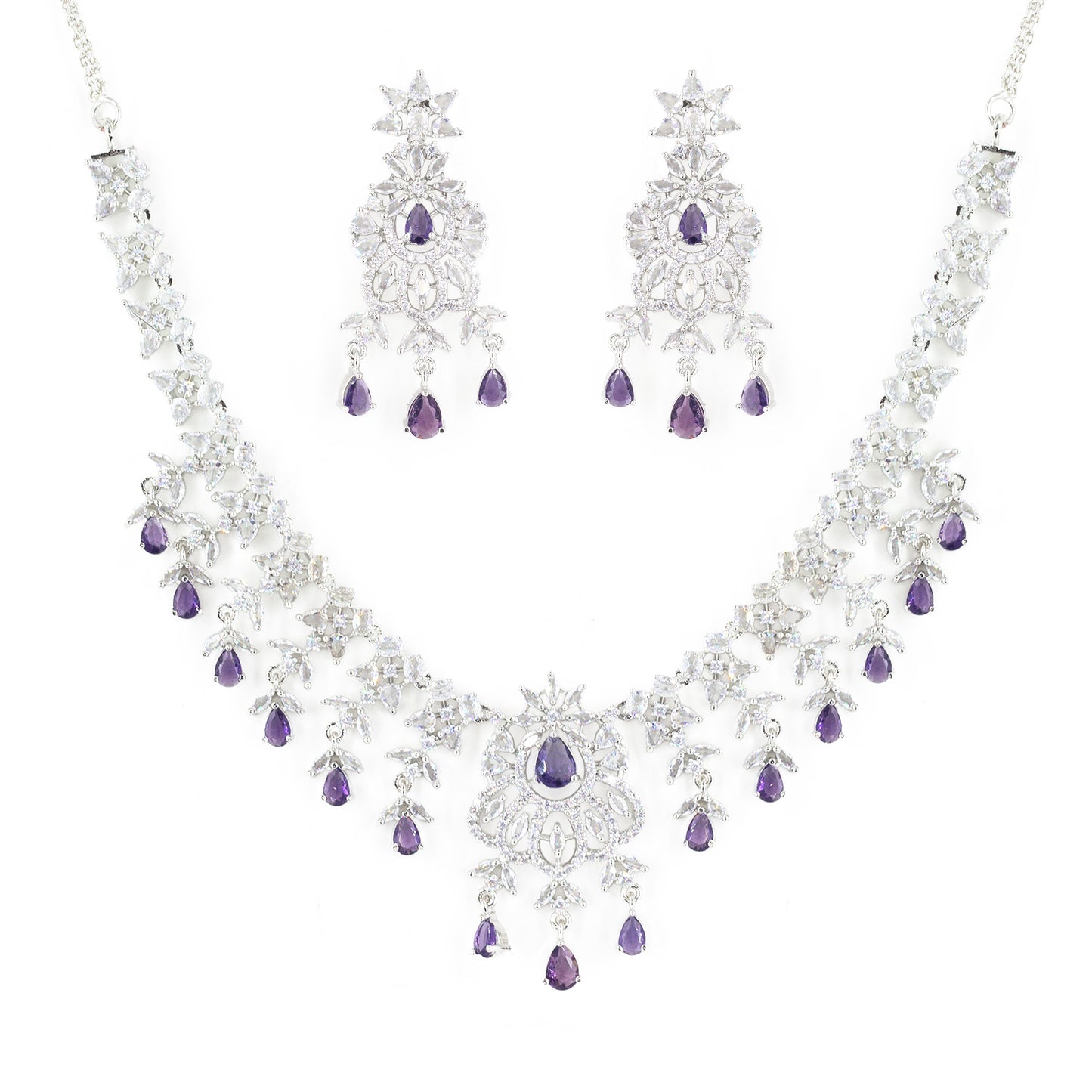 Rhodium Plated Purple & White AD Jewellery Set