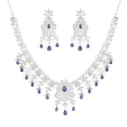 Rhodium Plated Purple & White AD Jewellery Set