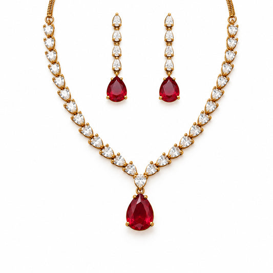 South Indian Gold Plated Red AD Teardrop Jewellery Set for Women