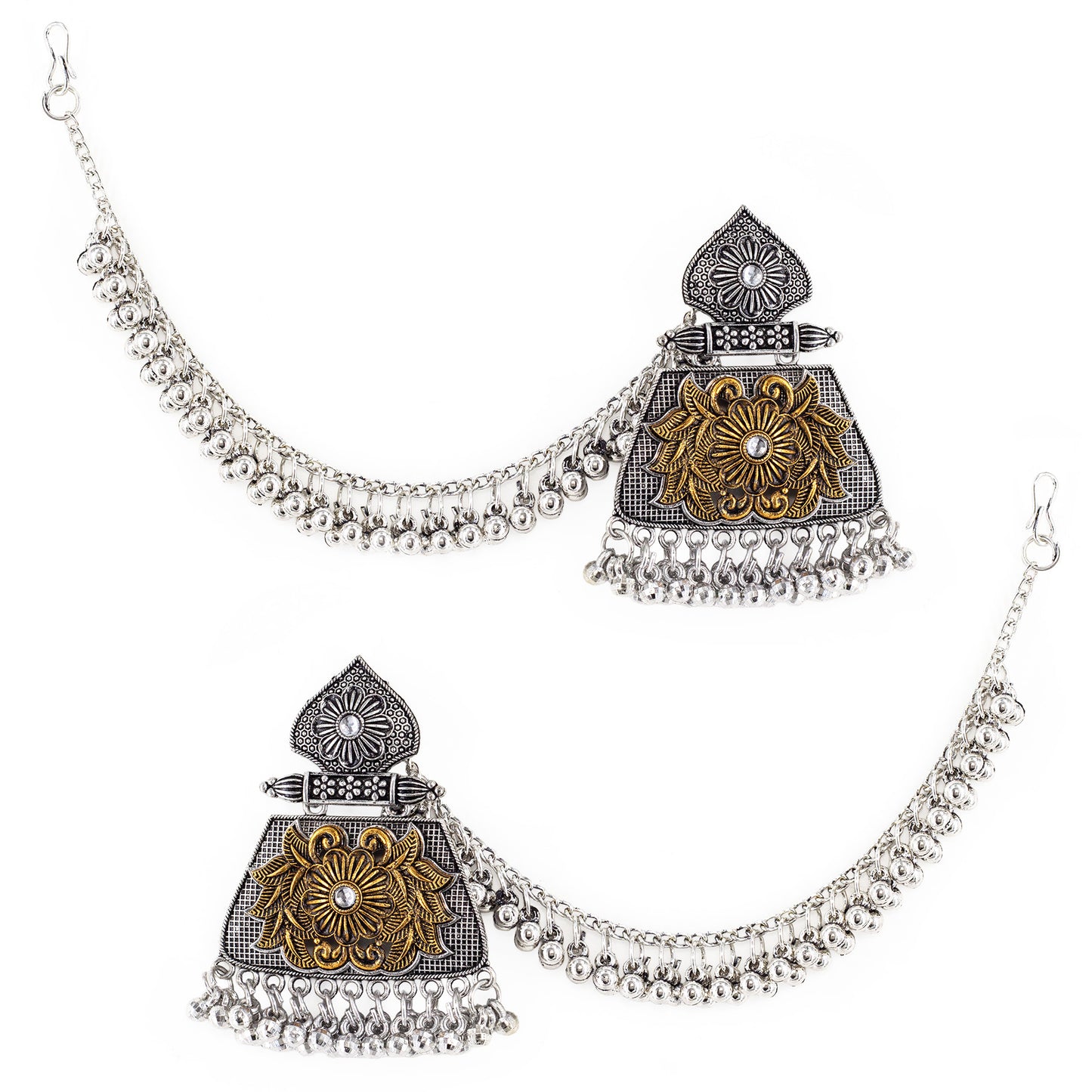 Silver Oxidised Floral Jhumka Earring with Chain for Women