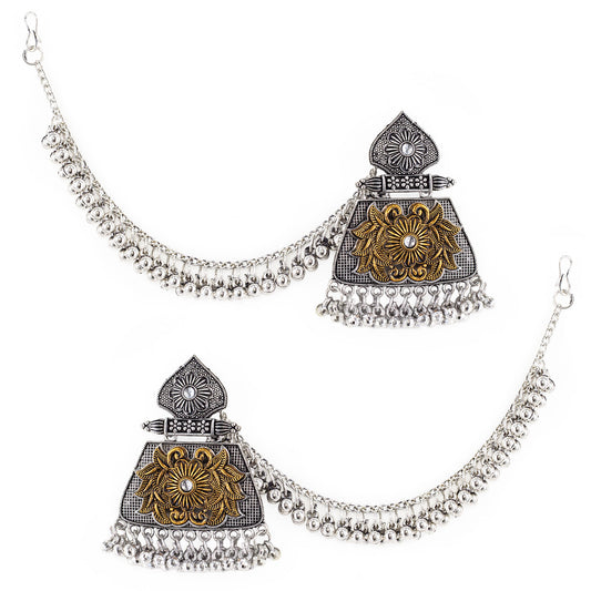 Silver Oxidised Floral Jhumka Earring with Chain for Women