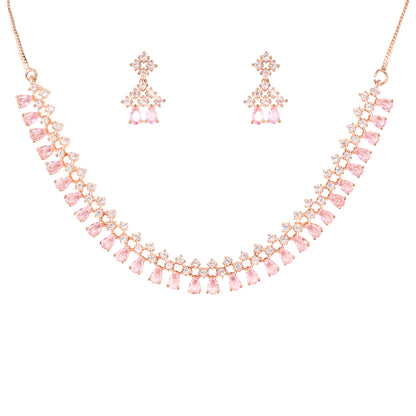 Rose Gold Plated Pink American Diamond Jewellery Set for Women