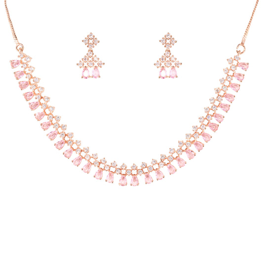 Rose Gold Plated Pink American Diamond Jewellery Set for Women